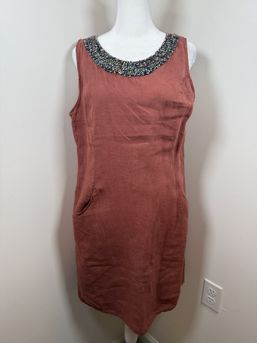 Lina Tomei Burnt Orange Size Small Knee Length Dress Linen Boho Lagenlook Summer